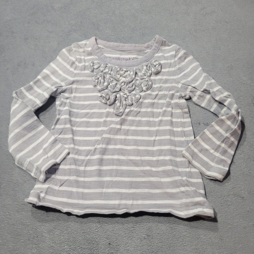 Genuine Kids Shirt Girls 2T Grey‎ White Striped Ruffle Neck Long Sleeve Cotton